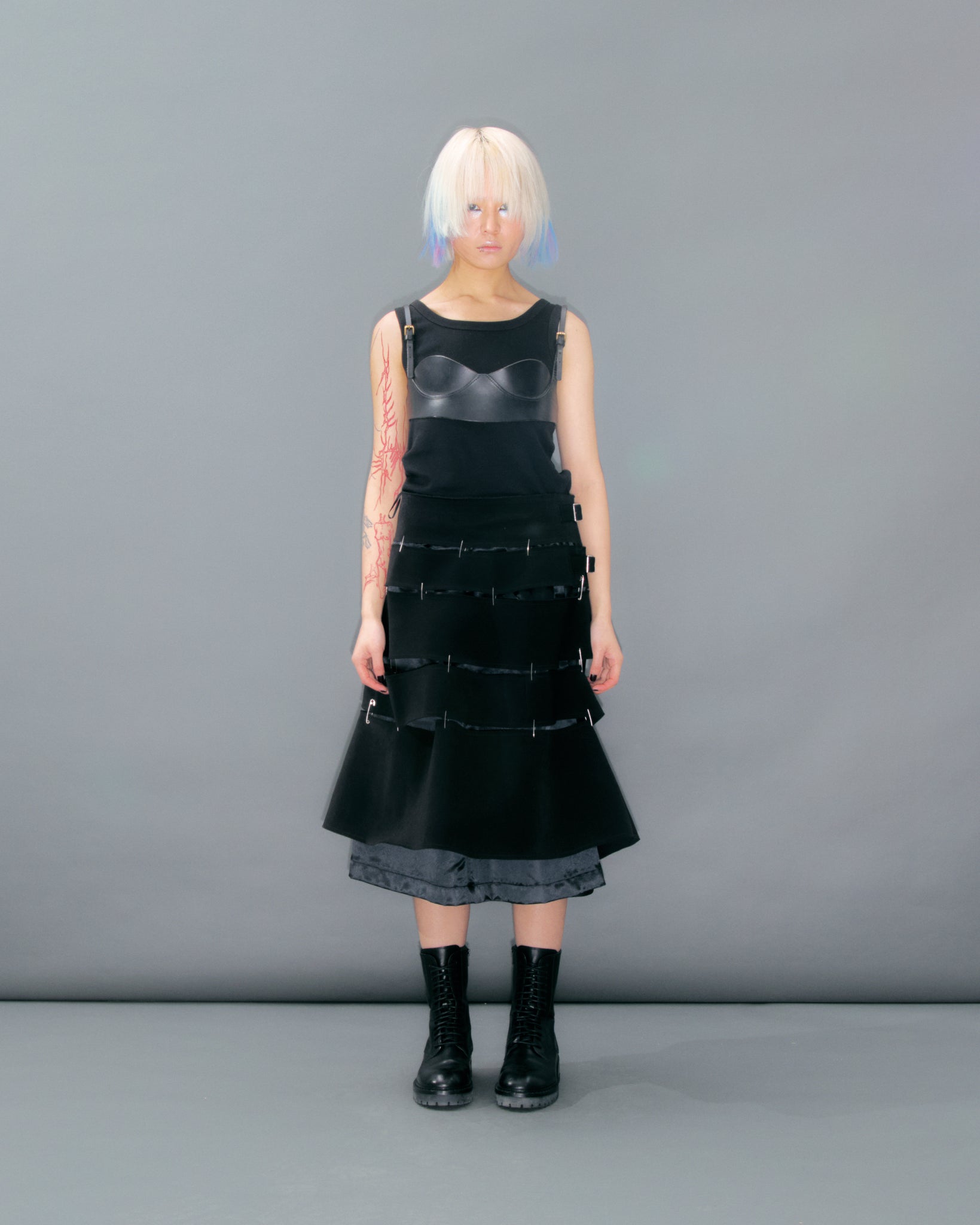Black Tiered Safety Pin Buckle Skirt