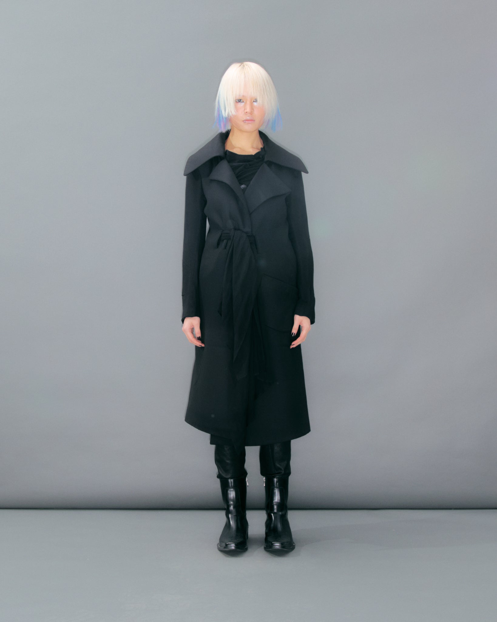 Fitted Coat With Tie Waistbelt and Chiffon Sleeves