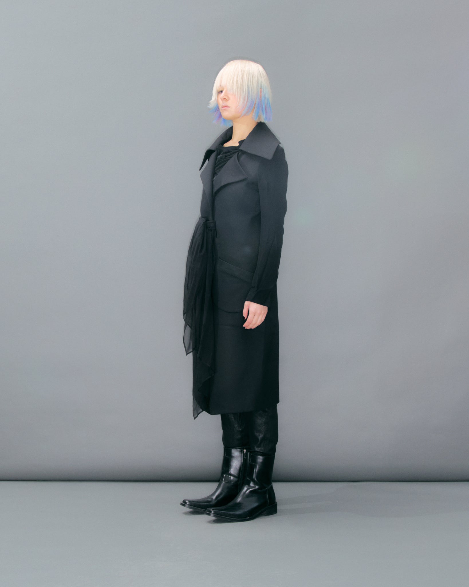 Fitted Coat With Tie Waistbelt and Chiffon Sleeves