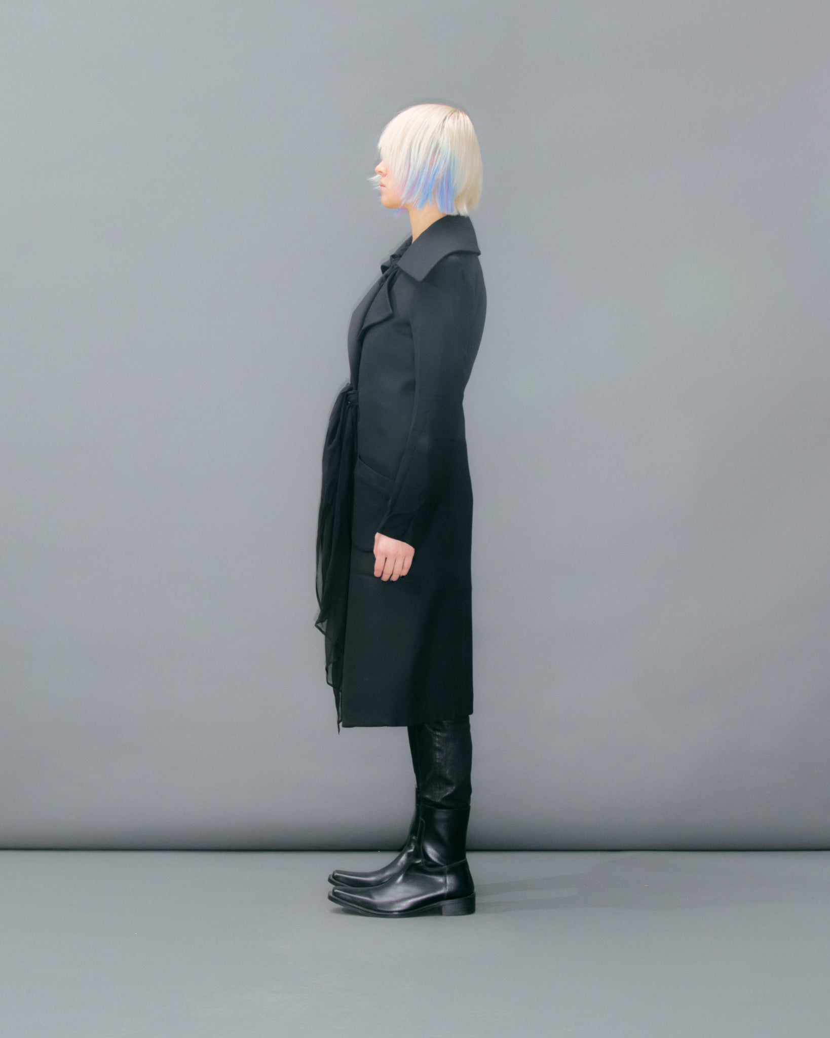 Fitted Coat With Tie Waistbelt and Chiffon Sleeves