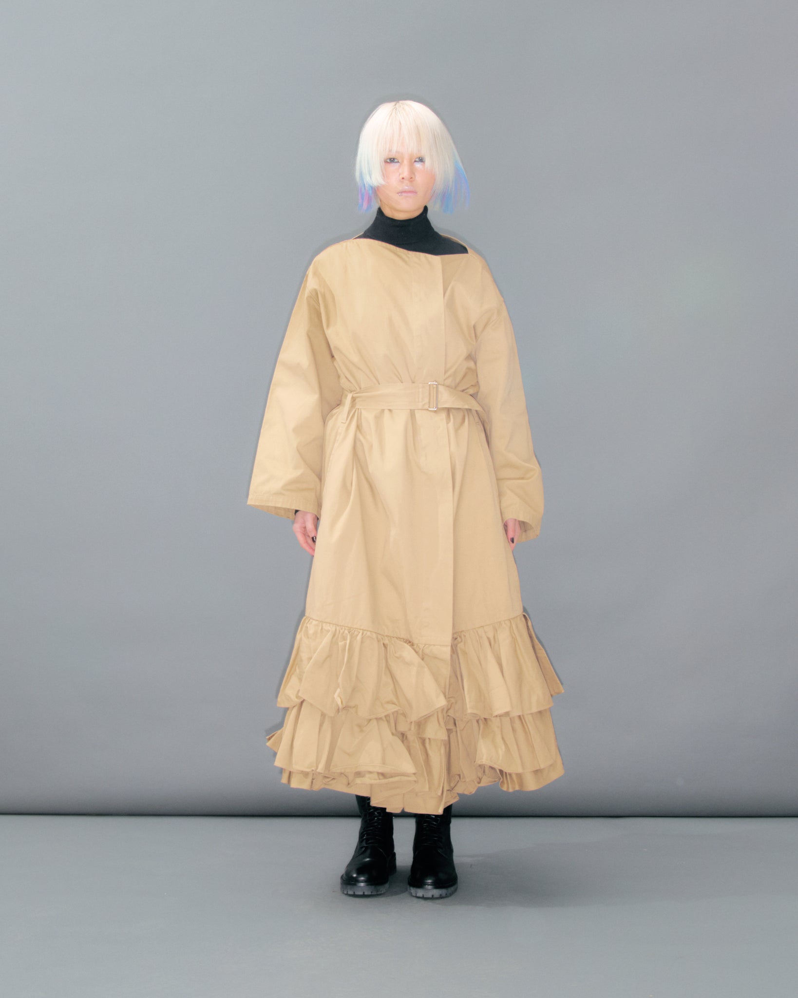 Camel Frill Tie Waist Overcoat