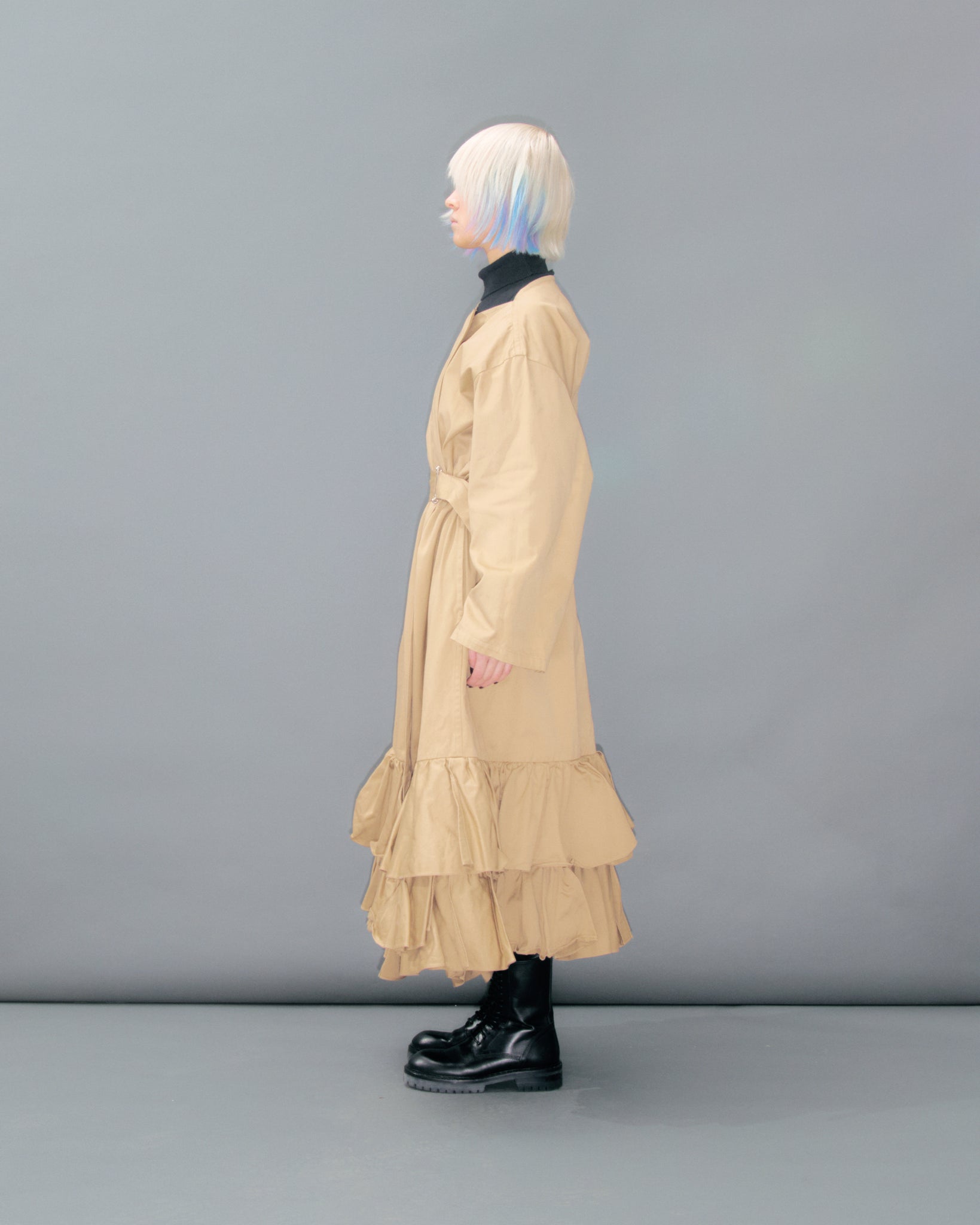 Camel Frill Tie Waist Overcoat
