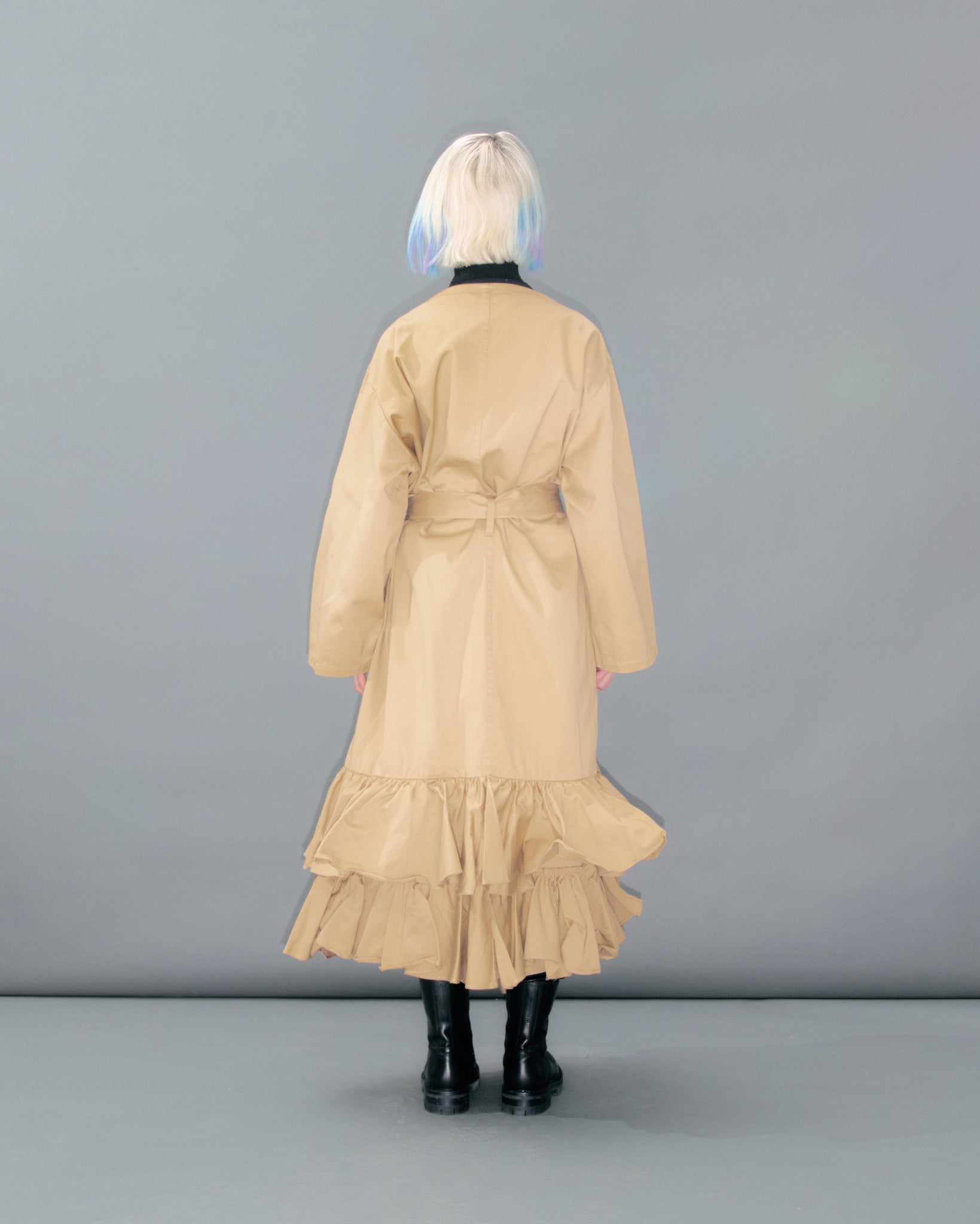 Camel Frill Tie Waist Overcoat