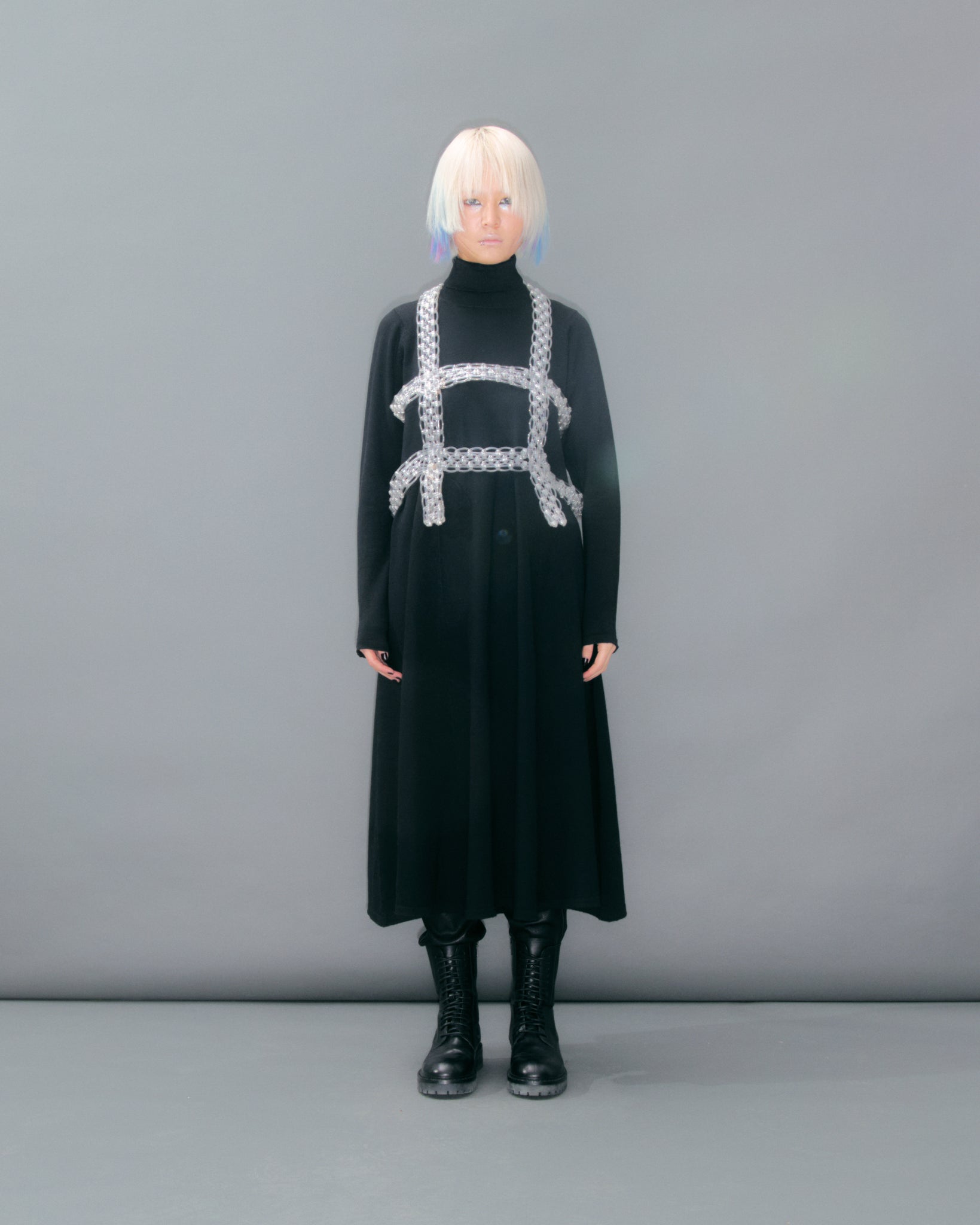 Black Knitted Dress Turtle Neck Pleats