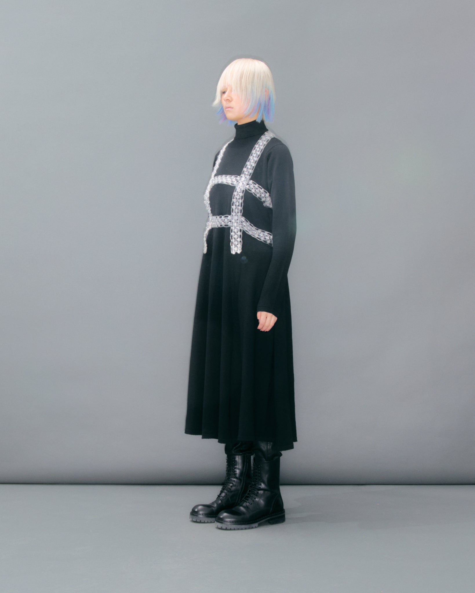 Black Knitted Dress Turtle Neck Pleats