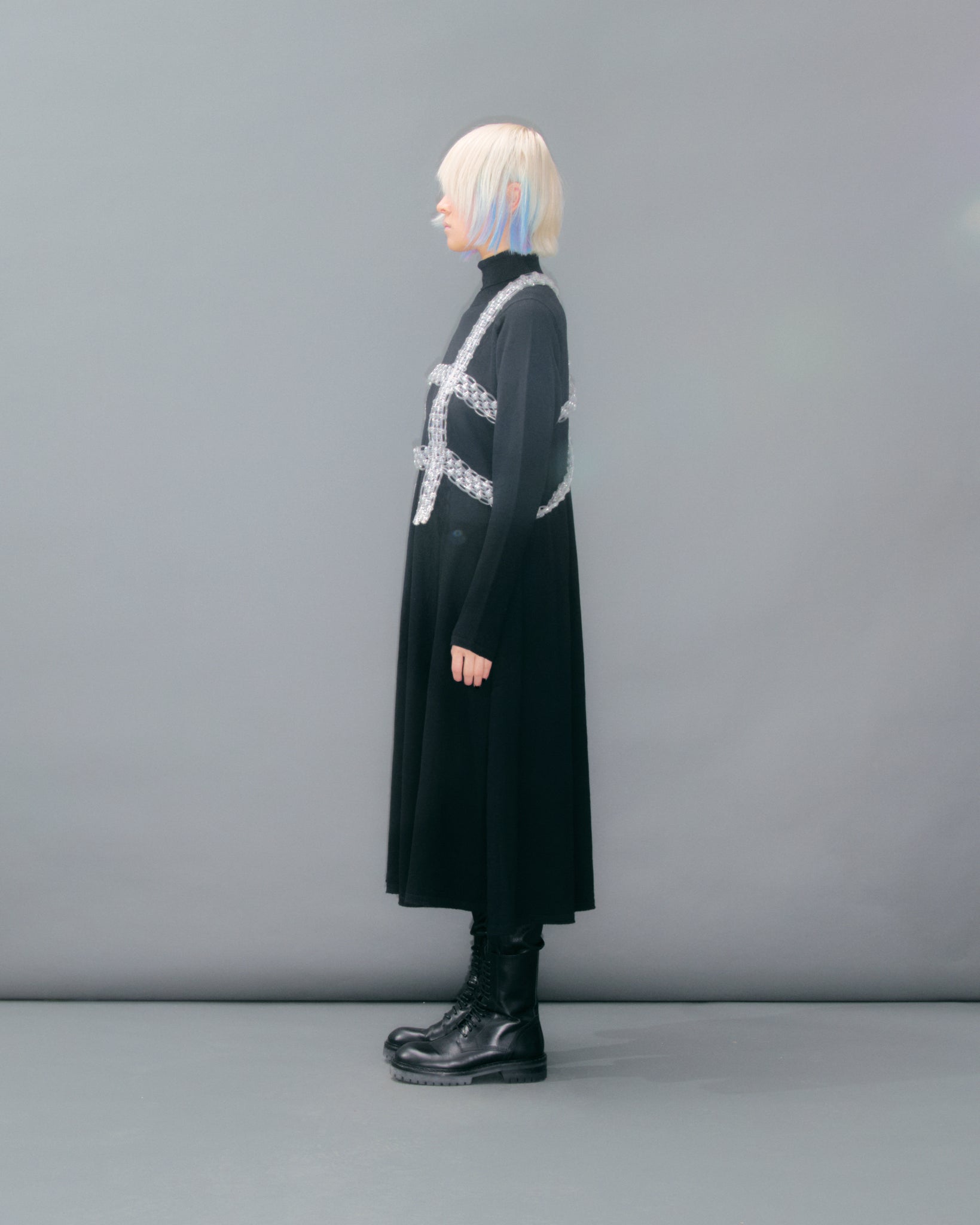 Black Knitted Dress Turtle Neck Pleats