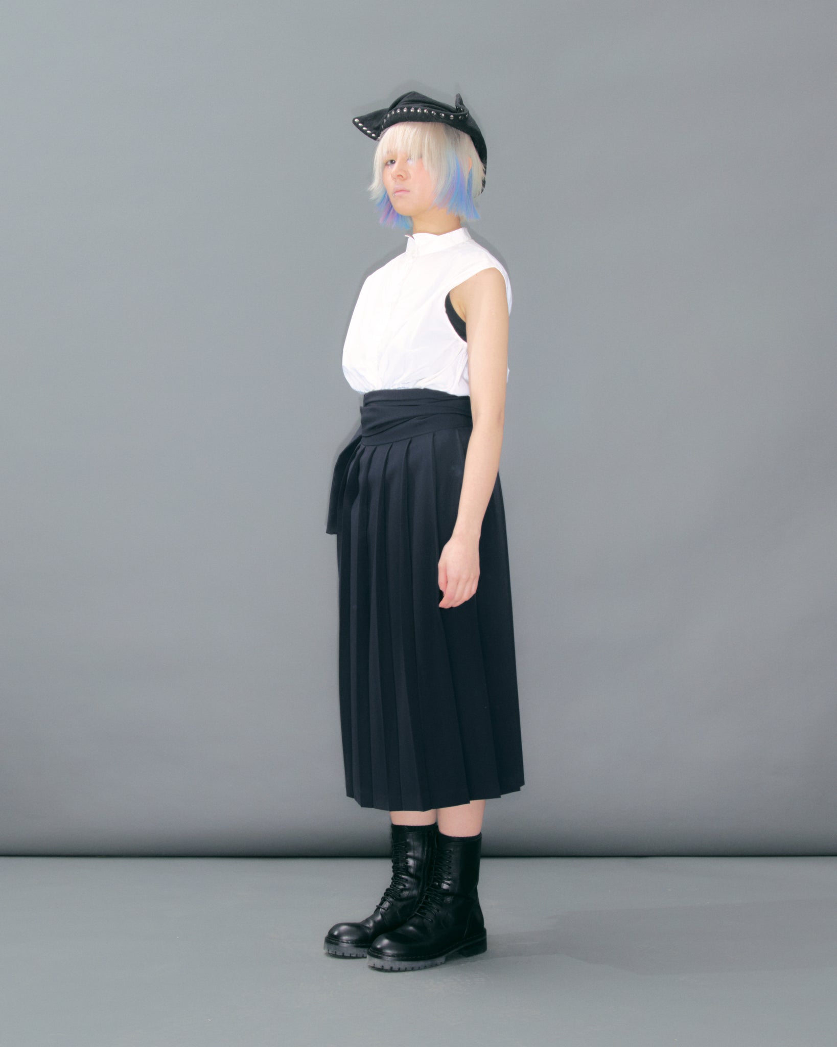 Navy wool Pleated Wrap Skirt