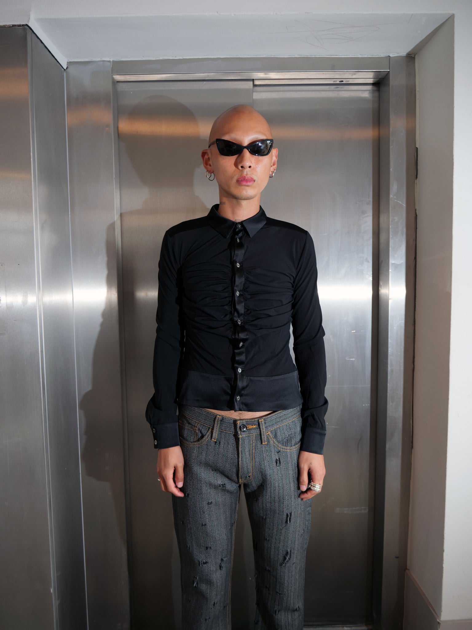 Black Rouched Button Up Silk Cinched Shirt