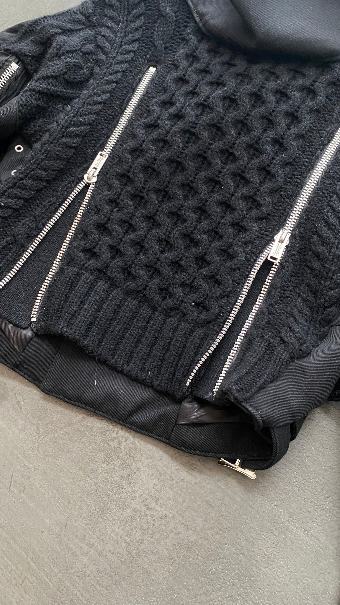 Black Knitted Panel Biker Jacket