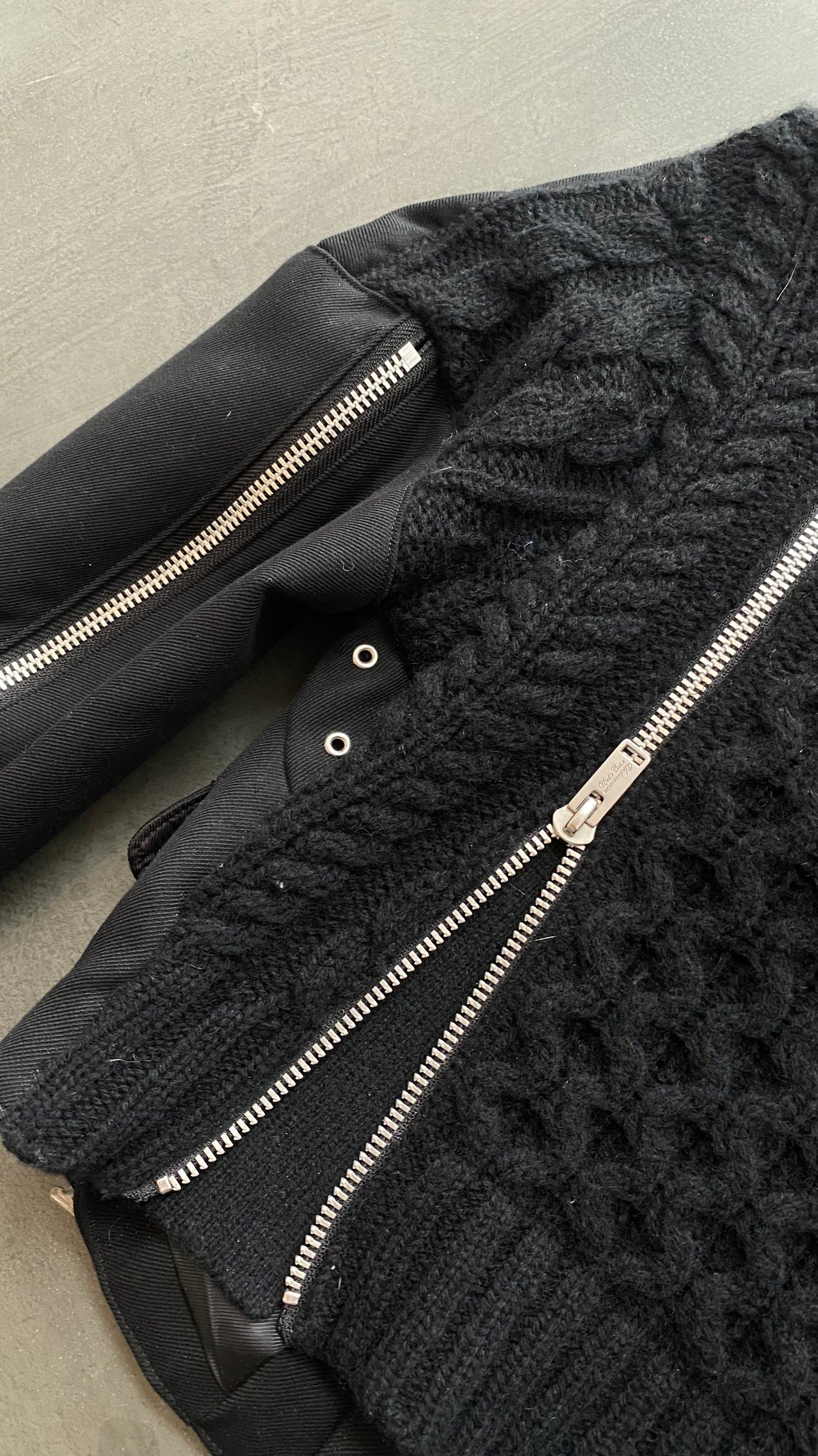 Black Knitted Panel Biker Jacket